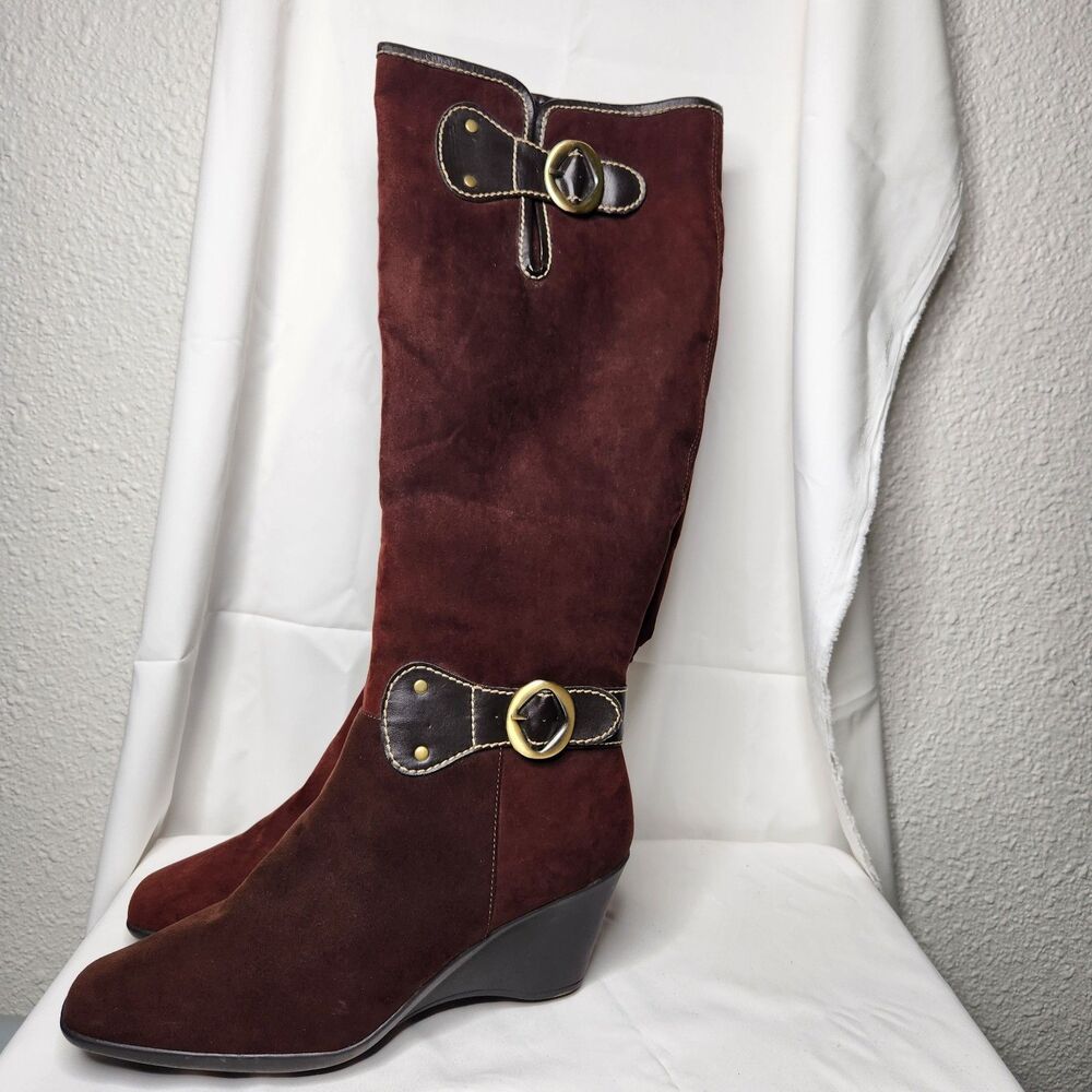 Aerosoles Wonderling Riding Boots w/ Buckle Faux Suede Knee High Wedge Size 11
